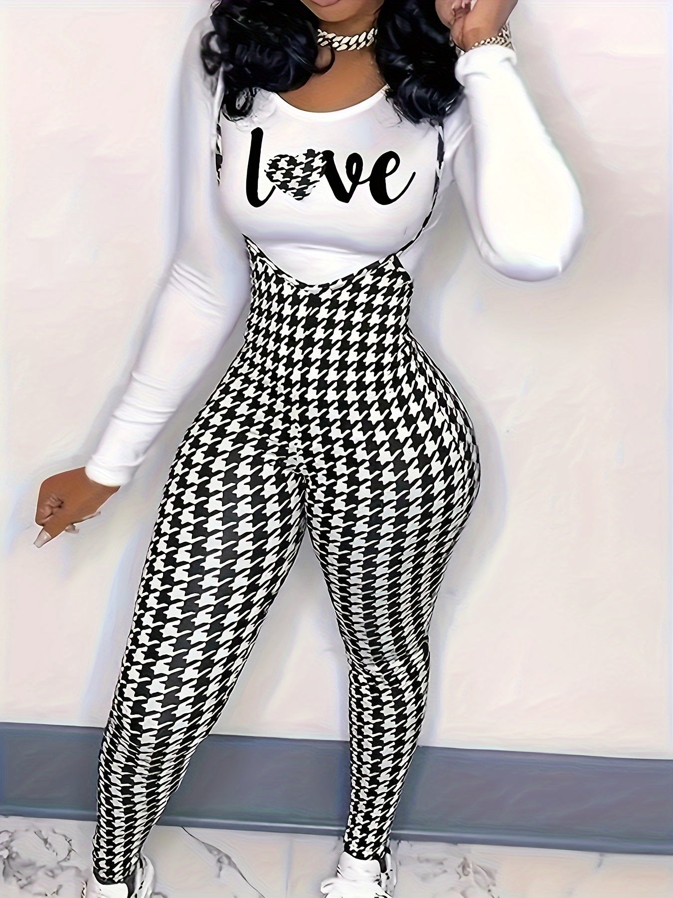 1pc Women's Sexy Houndstooth Pattern Jumpsuit, Polyester Knit Fabric with Elastane, Collarless Design, All-Season Fashion Pants, European And American Style, Geometric Pattern, Halter Neck